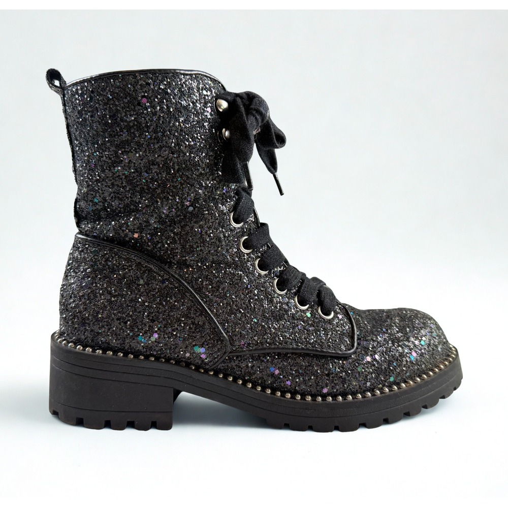 Portland Boot Company Glitter Combat Boots Womens 6.5 Black Studded Lug Sole Zip